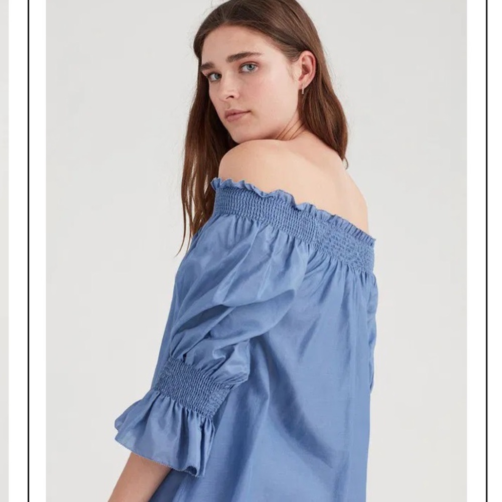 7 FOR ALL MANKIND Silk Off Shoulder Smock Top Blue Size XS Bohemian Cottagecore - Picture 10 of 14